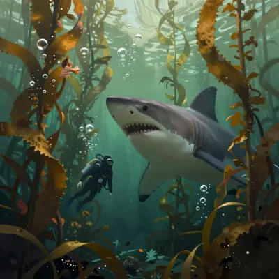 Scuba Diver and Shark in Kelp Forest - Wildlife - AI generated image
