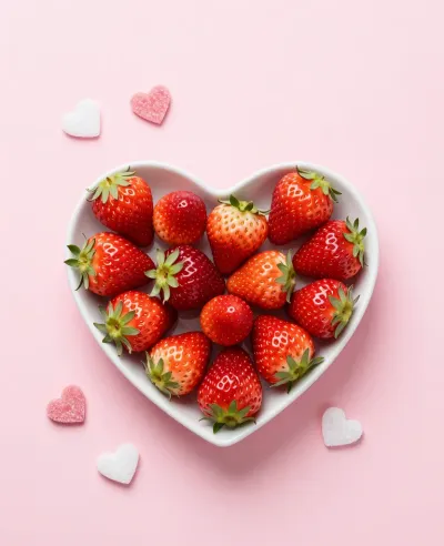 Strawberries in Heart Bowl on Pink Background - Food - AI generated image