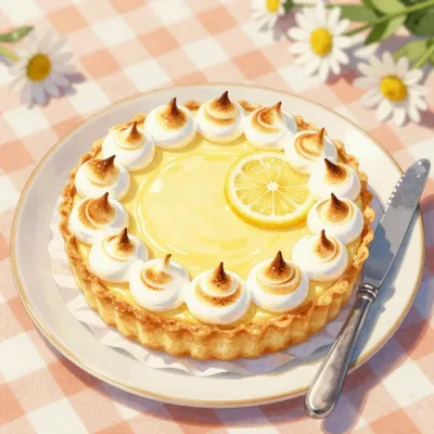 Golden Lemon Tart with Toasted Meringue on Picnic Table - Food - AI generated image