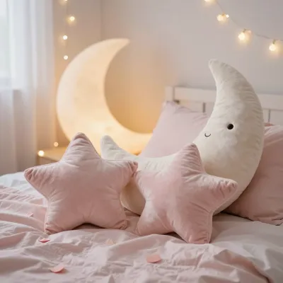 Crescent Moon Pillow with Smiling Face in Soft Pink Fort - Bedding - AI generated image
