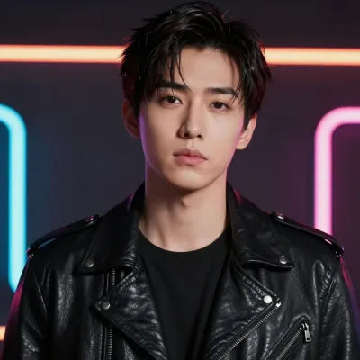 Young Individual in Leather Jacket Neon Backdrop - Fashion - AI generated image