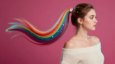 Rainbow Ponytail with Pearls Flowing Left - Fashion - AI generated image