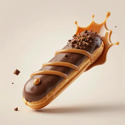 Chocolate-Caramel Eclair with Splashes and Chips - Food - AI generated image