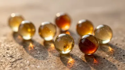 Translucent Amber Marbles Reflecting Golden Hour Sunlight - Still Life - AI generated image