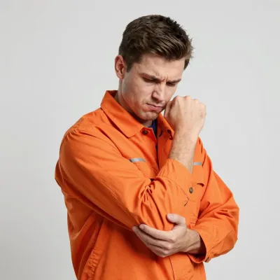 Construction Worker with Elbow Pain in Orange Jumpsuit - People - AI generated image
