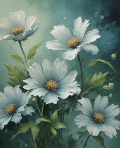 White Cosmos Flowers with Golden Centers - Flowers - AI generated image