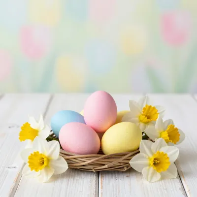 Pastel Eggs and Daffodils in Woven Basket - Easter - AI generated image