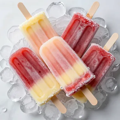 Homemade Strawberry-Lemon Layer Popsicles on Ice - Food - AI generated image