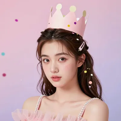 Young Woman Wearing Crown in Soft Pink Setting - Fashion - AI generated image