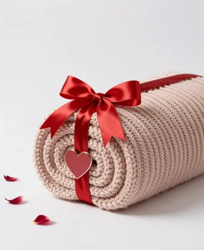 Cream Knitted Blanket with Red Ribbon Bow - Blanket - AI generated image