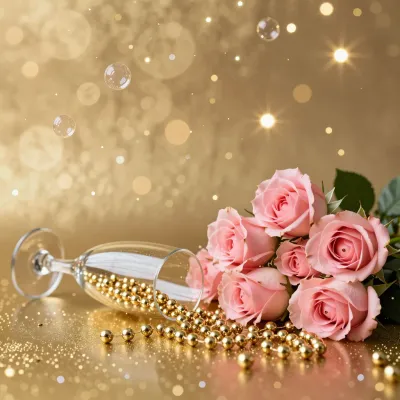 Champagne Flute and Pink Roses Festive - Celebration - AI generated image