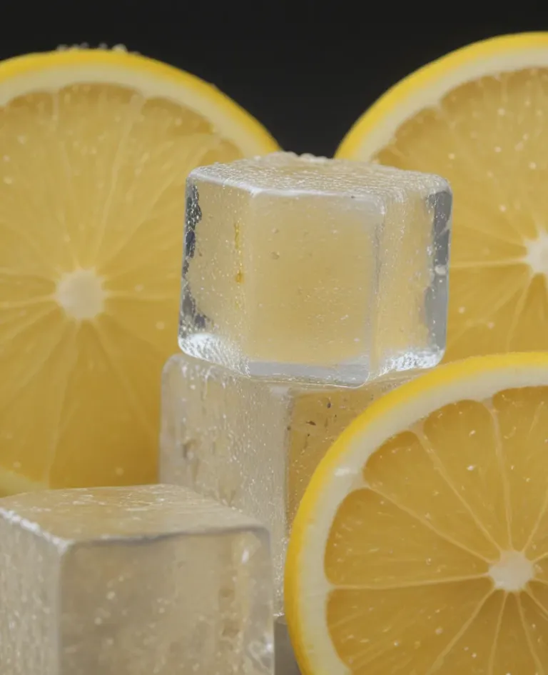 Ice Cubes and Lemon Slices Macro - Food - AI generated image