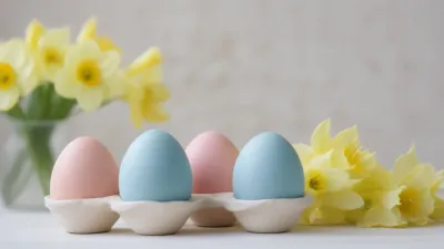 Pastel Eggs in Carton with Daffodils - Easter - AI generated image
