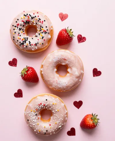 Glazed Donuts with Strawberries and Heart Confetti - Food - AI generated image