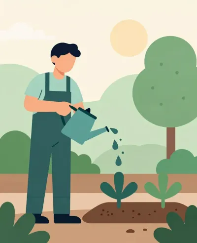 Gardener Watering Seedlings in Sunlit Garden - People - AI generated image