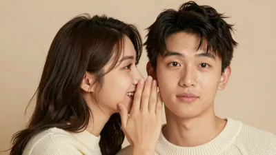 Young Woman Whispering into Young Man's Ear - Portrait - AI generated image