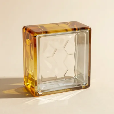 Amber Honeycomb Block Resting on Glass - Product Photography - AI generated image