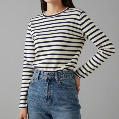 Breton Top Model Posing in Denim - Fashion - AI generated image