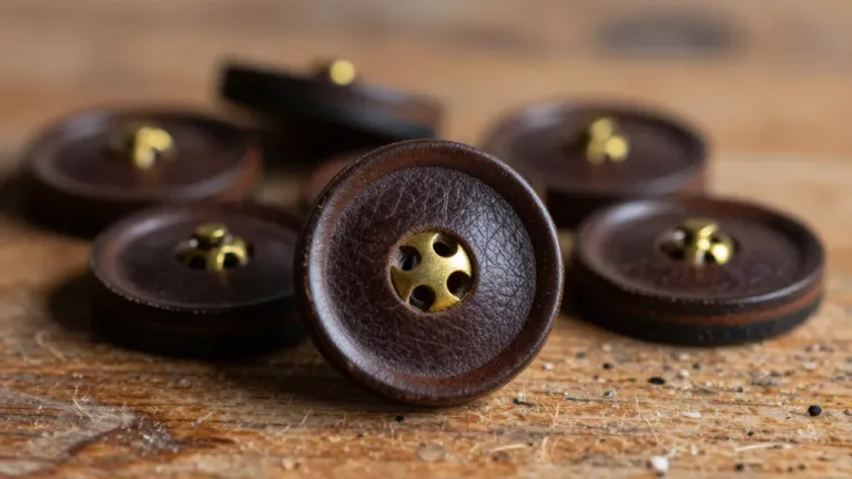 Leather Buttons with Brass Shanks on Worn Wood - Accessories - AI generated image