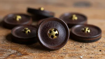 Leather Buttons with Brass Shanks on Worn Wood - Accessories - AI generated image