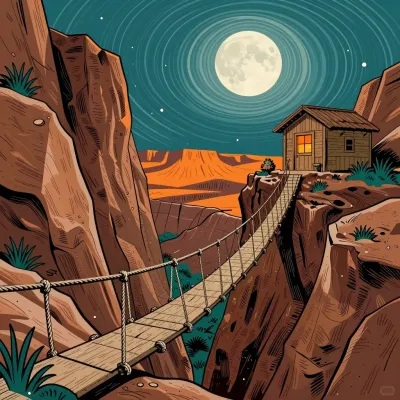 Rope Bridge Over Canyon at Night - Landscape - AI generated image