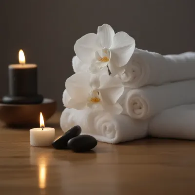 Rolled White Towels with Orchids in Zen Spa Setting - Spa - AI generated image