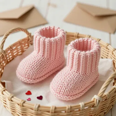 Pink Knitted Baby Booties in Woven Basket - Baby - AI generated image