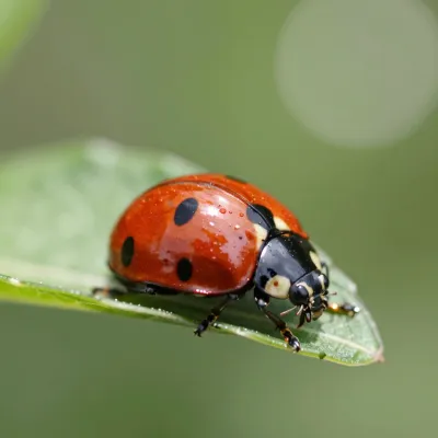 Red Ladybug Perched on Leaf Edge - Insects - AI generated image