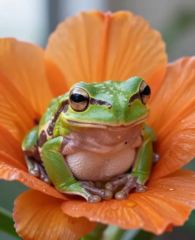 Green Frog Resting on Orange Petal - Wildlife - AI generated image