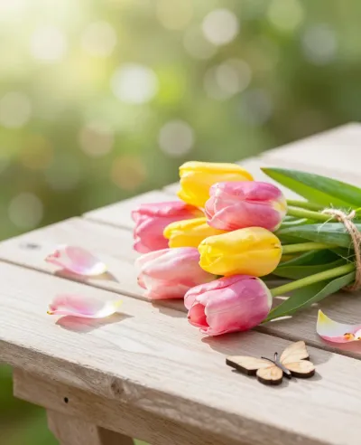 Tulip Bouquet on Wooden Bench - Flowers - AI generated image