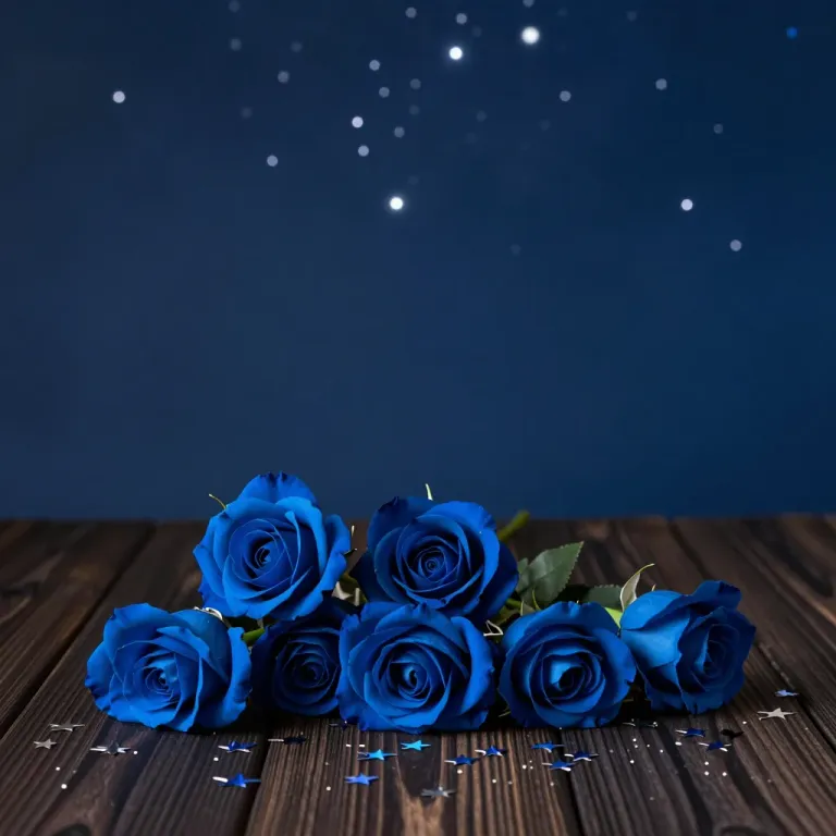 Midnight Blue Roses Gleaming on Wooden Surface - Flowers - AI generated image