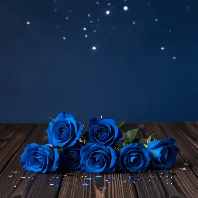 Midnight Blue Roses Gleaming on Wooden Surface - Flowers - AI generated image