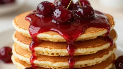 Golden Pancake Stack with Cherry Sauce - Food - AI generated image