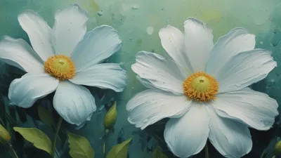 White Flowers with Yellow Centers in Soft Impasto - Flowers - AI generated image