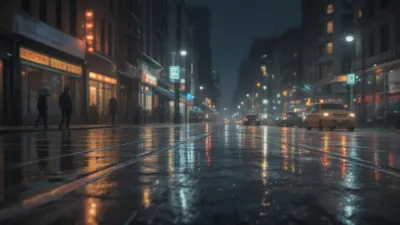 Rainy Night Cityscape with Pedestrians and Neon - Urban - AI generated image