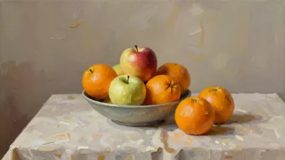 Still-Life with Glossy Fruits on White Tablecloth - Still-Life - AI generated image