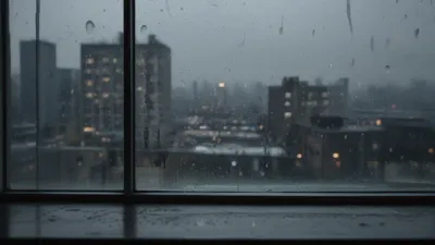 Raindrops on Window Glass Reflecting City Lights - Architecture - AI generated image