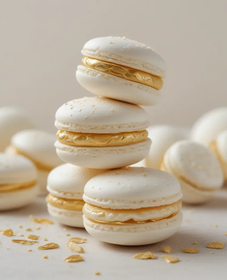 Wedding White Macarons Stacked with Golden Filling - Food - AI generated image