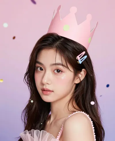 Pink Crowned Woman Celebrating with Confetti - Fashion - AI generated image