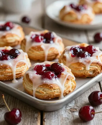 Cherry Danish Pastries with Glossy Icing - Food - AI generated image