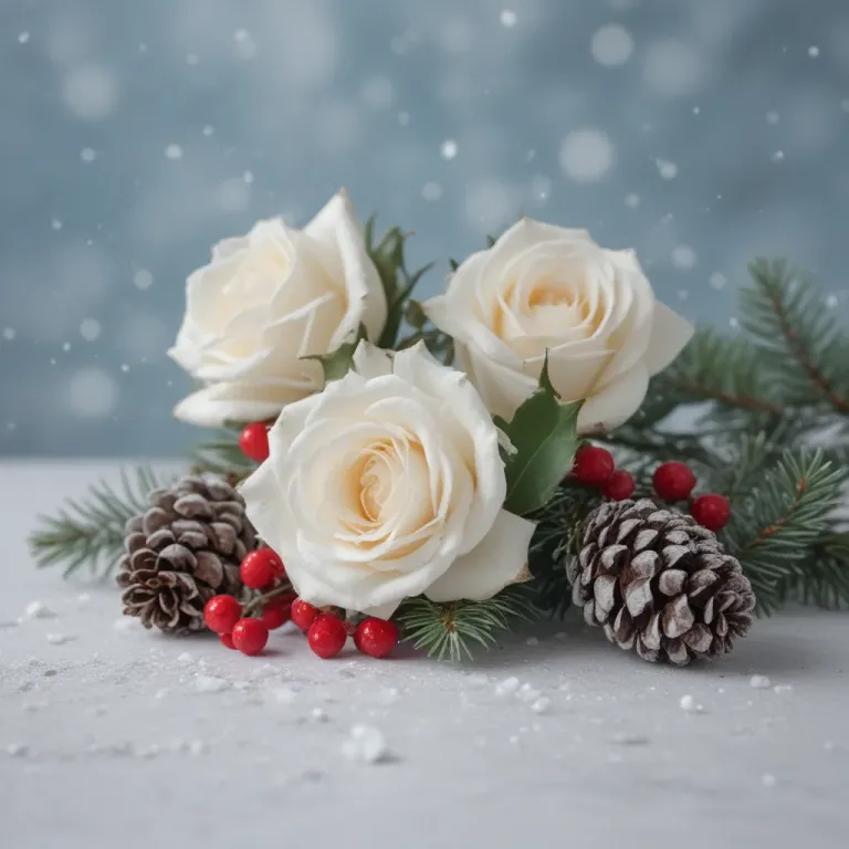 White Roses with Red Berries and Frosted Pinecones - Flowers - AI generated image