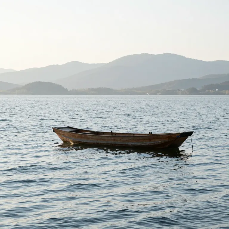 Weathered Wooden Boat Resting on Calm Lake - Water - AI generated image