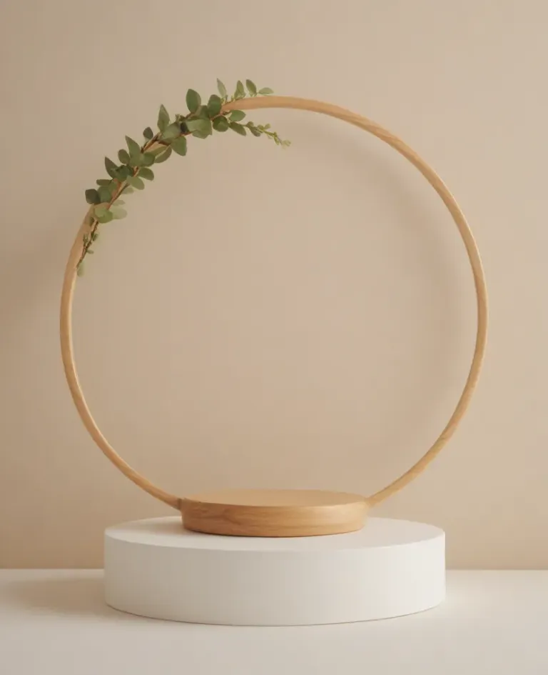Wooden Ring with Eucalyptus on Glossy White Pedestal - Product Display - AI generated image