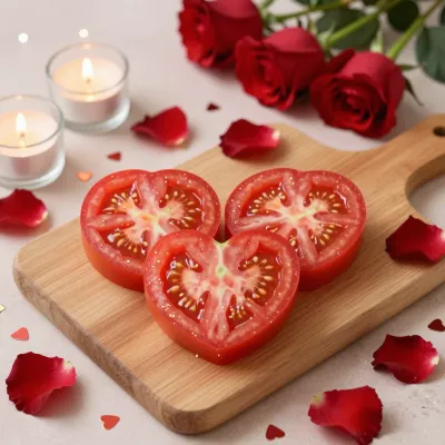 Heart-Shaped Tomato Slices on Wooden Board - Food - AI generated image
