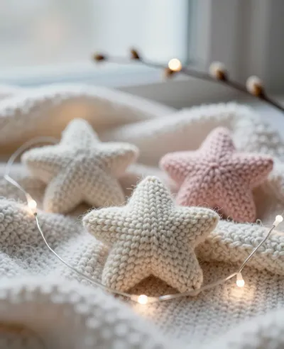 Knitted Stars on Cream Blanket - Furniture - AI generated image