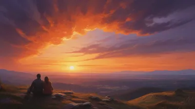 Sitting Figures on Hill at Sunset - People - AI generated image