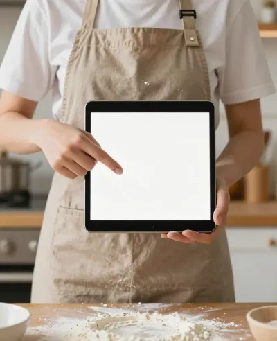 Chef Holding Tablet with White Screen in Kitchen - Food - AI generated image