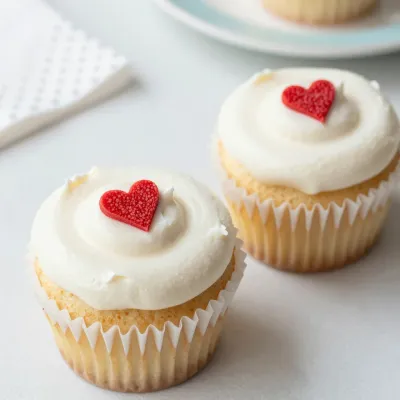 Vanilla Cupcakes with White Frosting and Red Hearts - Food - AI generated image