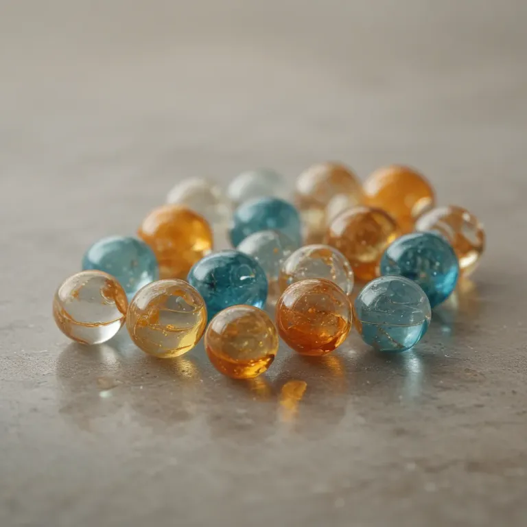 Teal and Amber Marbles Clustered on Concrete - Objects - AI generated image