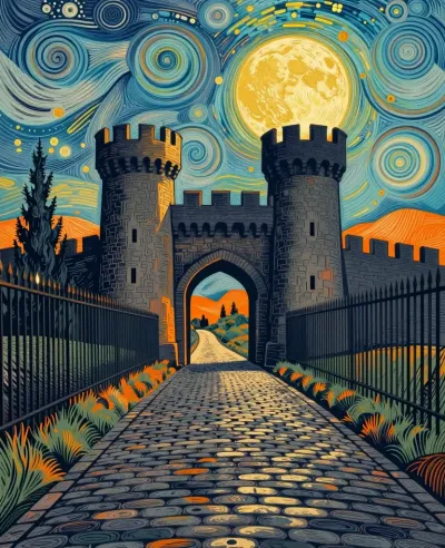 Castle Gate and Path Under Moonlit Sky - Architecture - AI generated image